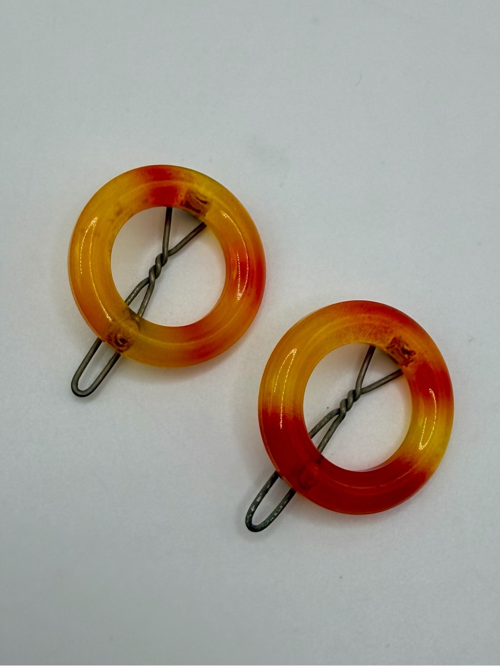 Vtg Art Deco Celluloid Barrettes Amber Orange 1930s Pair 2 Round Faux Tortoise